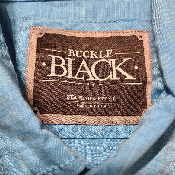 Buckle Black Mens Dungeon Shirt Large Cyan Blue Trim Western Pocket Button S/S - Picture 6 of 7